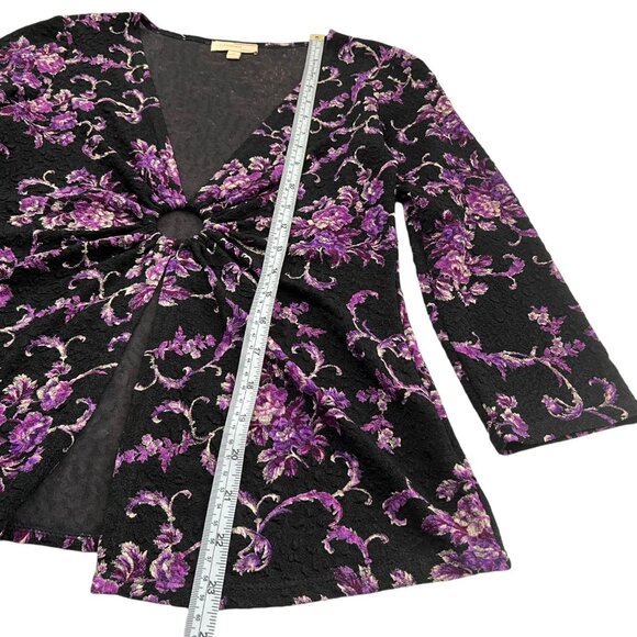 Vintage Y2K Floral Slinky Ring Deep Vneck Top Black Purple Small Disco Going Ou - Picture 12 of 13